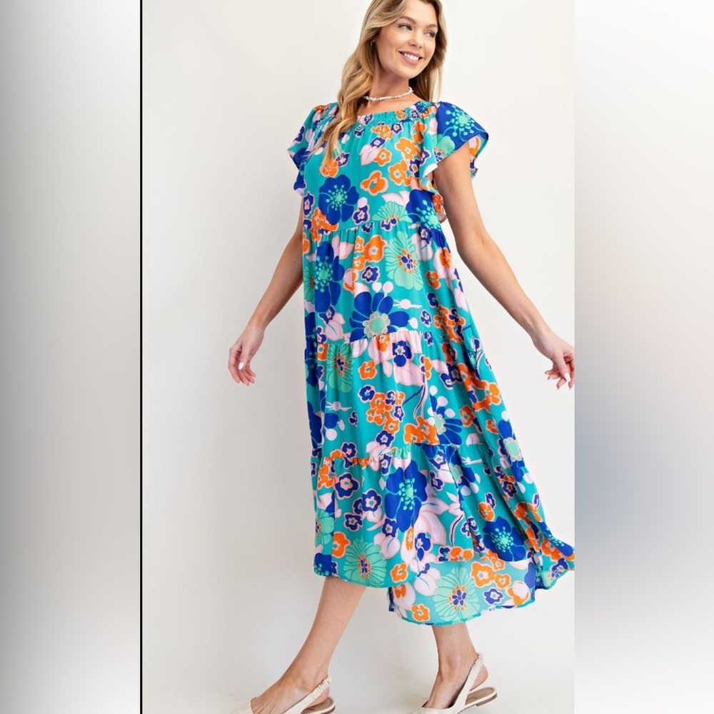 209 🏝️EASEL FLORAL PRINT WOOL PEACH TIERED MAXI DRESS - Picture 2 of 4